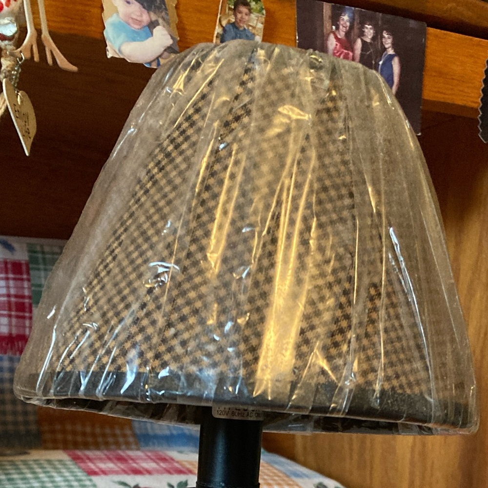 Lamp, w/Checkered Shade, Brown, 11.5” Tall (bulb not included), dark brown base - Picture 2 of 16